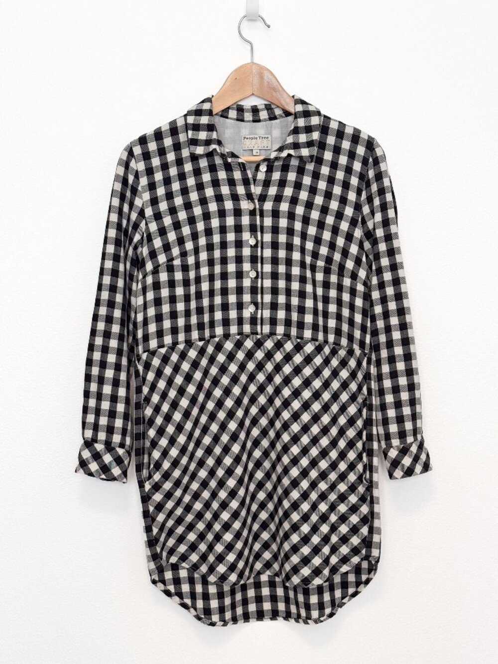 People Tree Craft Black & White Plaid Long Sleeve Tunic with Pockets